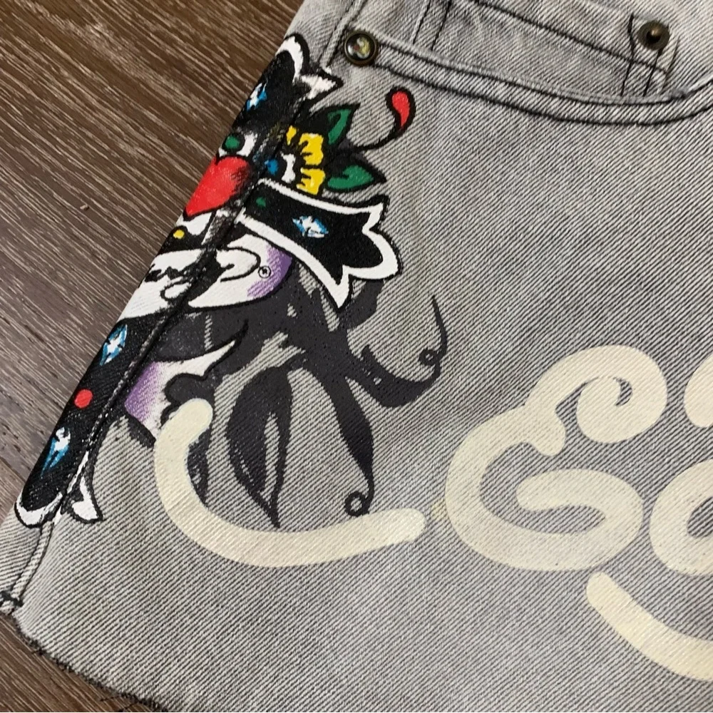 Ed Hardy grey wash Cross denim printed mini skirt L NWT